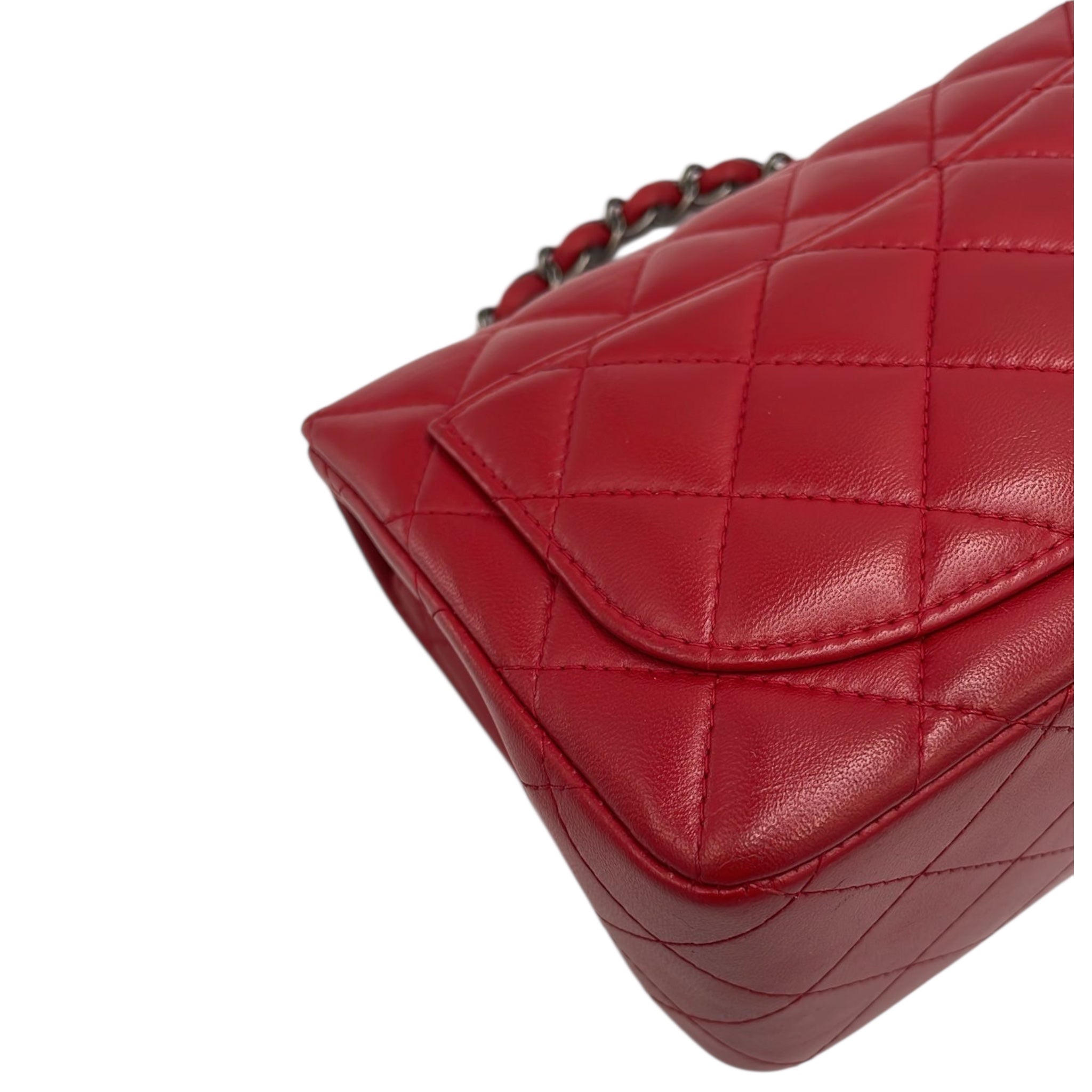 Chanel Classic Mini Square Red Lambskin Ruthenium