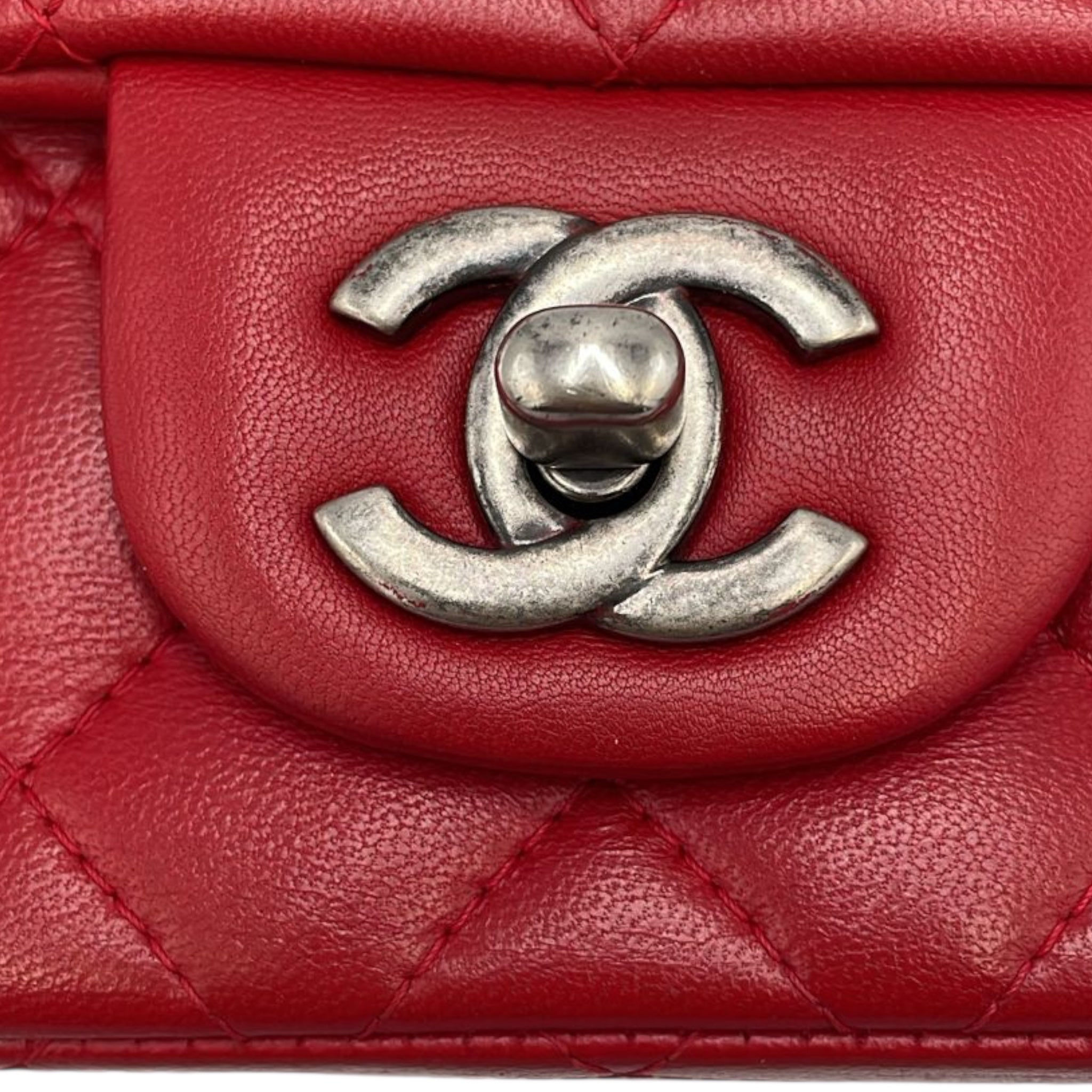 Chanel Classic Mini Square Red Lambskin Ruthenium