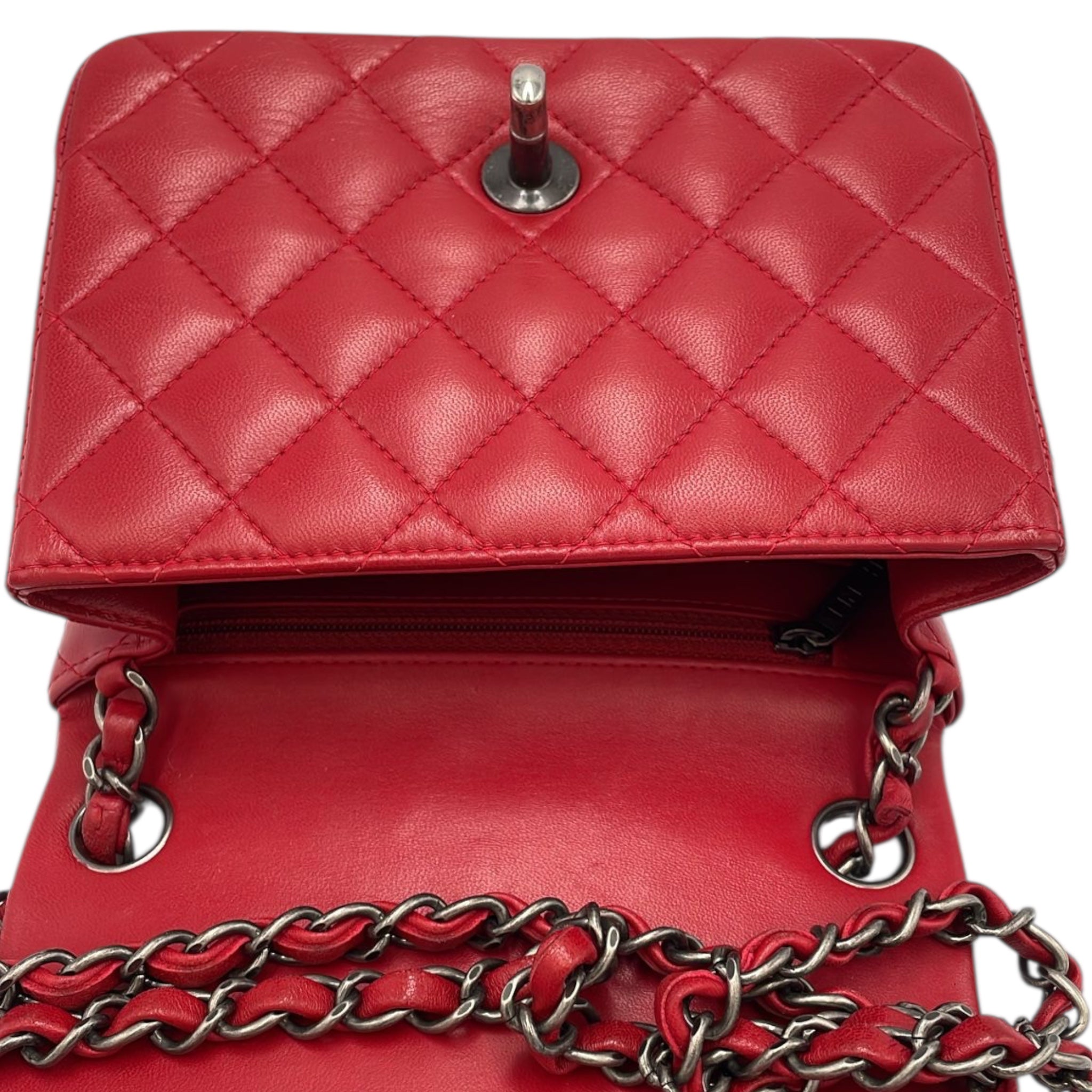 Chanel Classic Mini Square Red Lambskin Ruthenium