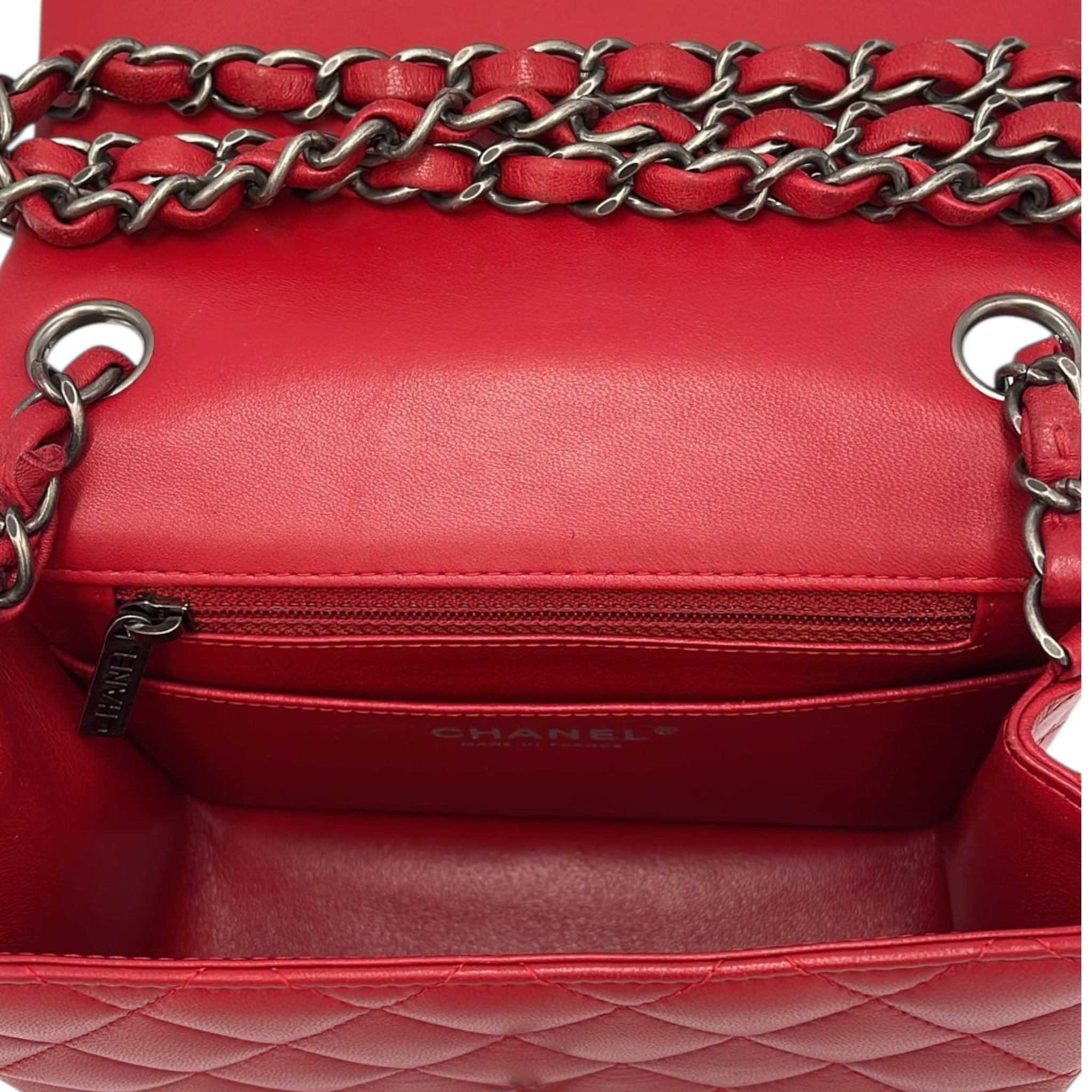 Chanel Classic Mini Square Red Lambskin Ruthenium