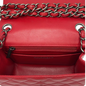 Chanel Classic Mini Square Red Lambskin Ruthenium