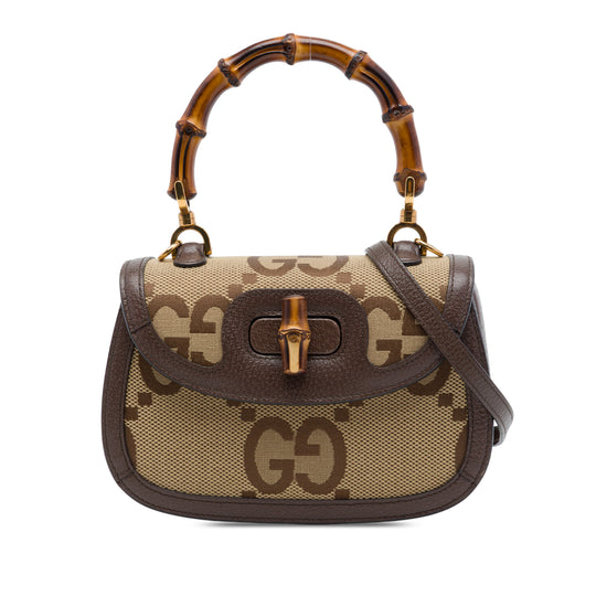 Gucci Bamboo 1947 Top Handle Small Beige Canvas Calfskin