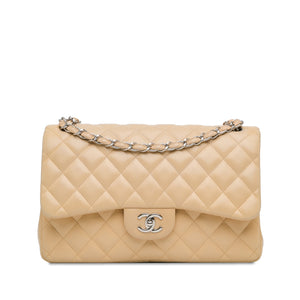 Chanel Classic Double Flap Jumbo Beige Lambskin Silver