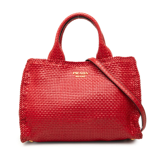 Prada Madras Satchel Small Red Woven Goatskin