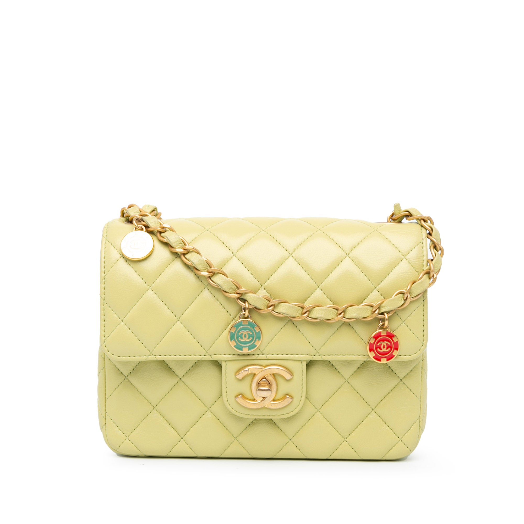 Chanel Classic Single Flap Casino Royale Charms Small Lime Green Lambskin Gold