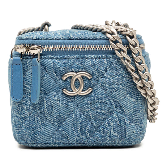 Chanel Camellia Sweetheart Vanity Case Mini Blue Denim