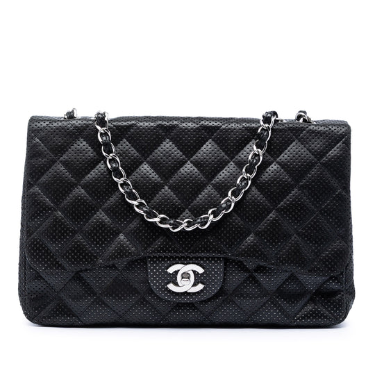 Chanel Classic Single Flap Jumbo Black Perforated Lambskin Gold