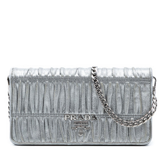 Prada Gaufre Wallet On Chain Metallic Silver Nappa Leather