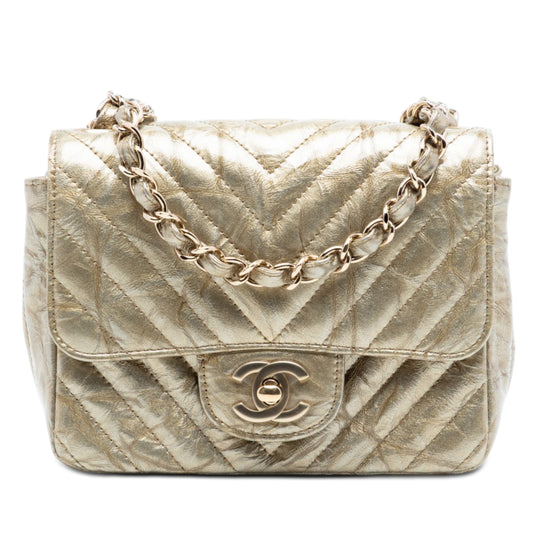 Chanel Classic Single Flap Mini Square Gold Crumpled Calfskin Gold