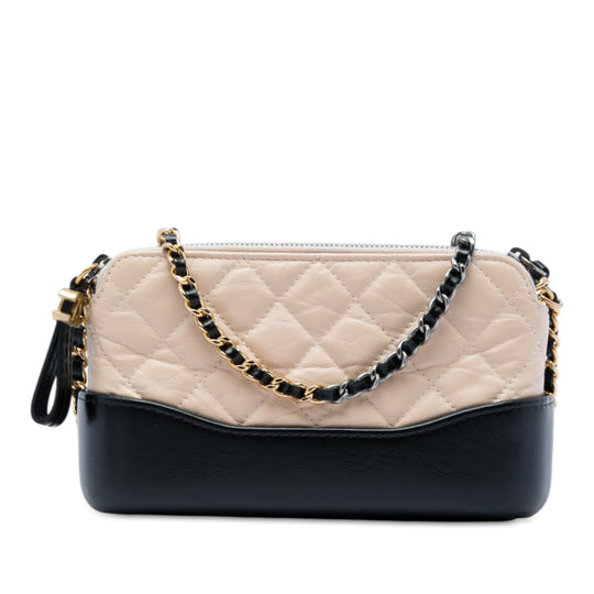 Chanel Gabrielle Double Zip Clutch with Chain Beige Black Aged Calfskin