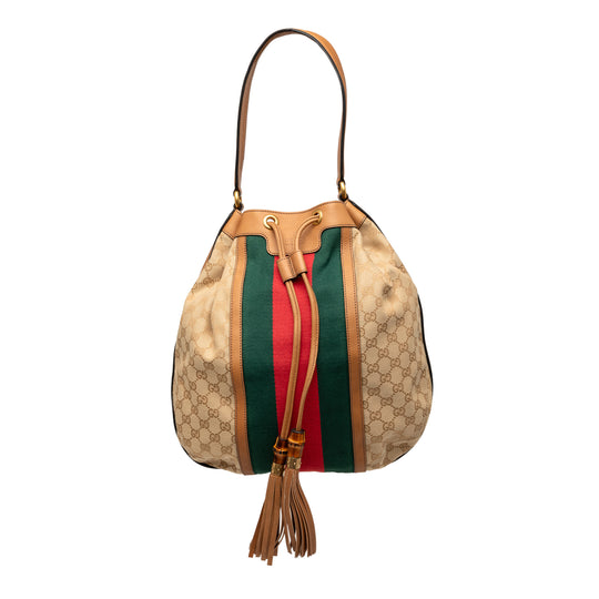 Gucci Rania Drawstring Hobo Beige GG Canvas Calfskin
