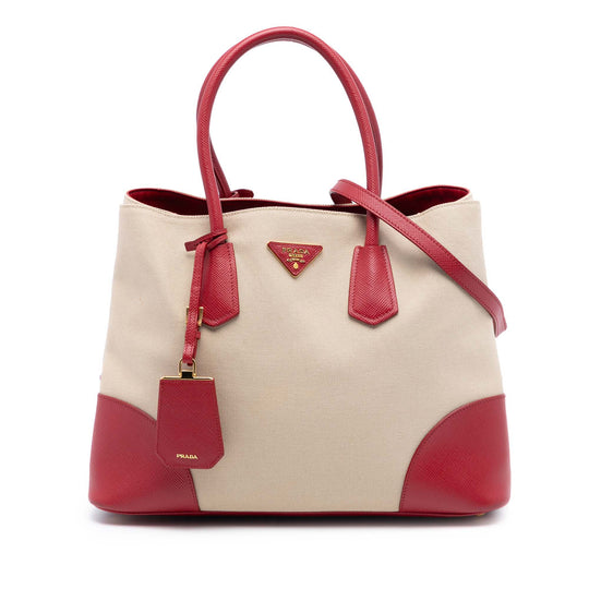 Prada Canapa Double Satchel Large Brown Canvas Saffiano Leather