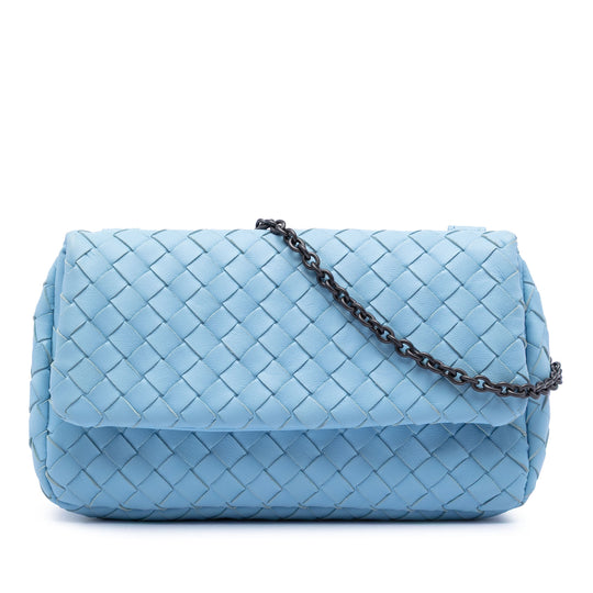 Bottega Veneta Mini Intrecciato Chain Flap Blue Nappa Leather