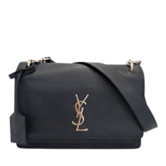 Yves Saint Laurent Monogram Sunset Medium Midnight Blue Textured Leather Silver