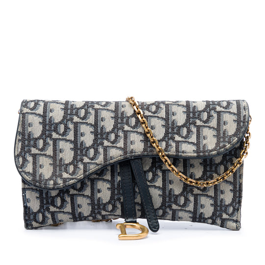 Dior Saddle Wallet On Chain Blue Canvas