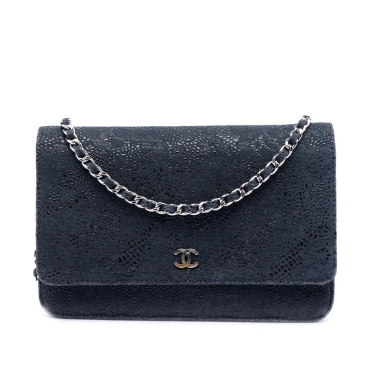 Chanel Lace Overlay WOC Wallet On Chain Blue Leather