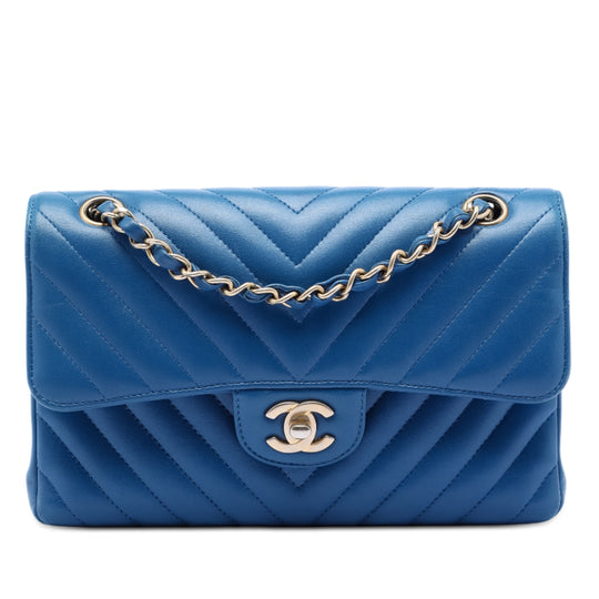 Chanel Classic Double Flap Small Chevron Blue Lambskin Gold