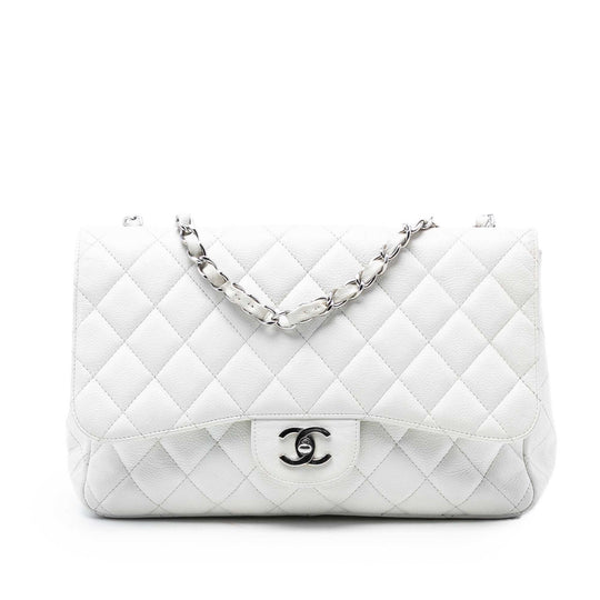 Chanel Classic Single Flap Jumbo White Caviar Silver