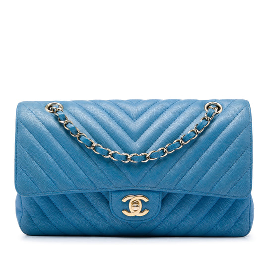 Chanel Classic Double Flap Medium Blue Chevron Caviar Gold