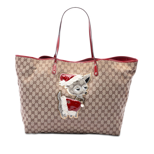 Gucci Guccioli Holiday Chihuahua Tote Beige Canvas
