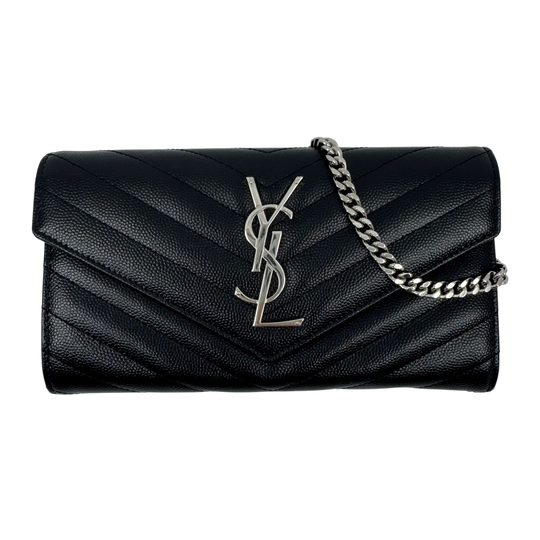 Yves Saint Laurent Cassandra Chain Wallet (WOC) Black Leather Silver