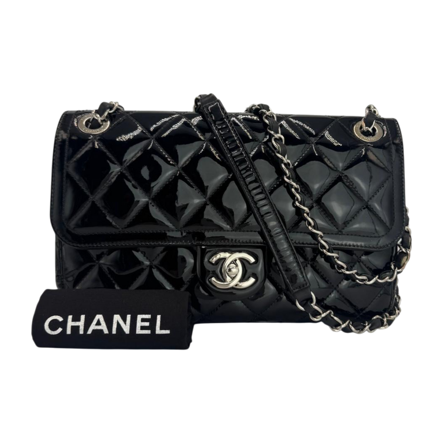 Chanel Classic Single Flap Medium Black Patent Silver