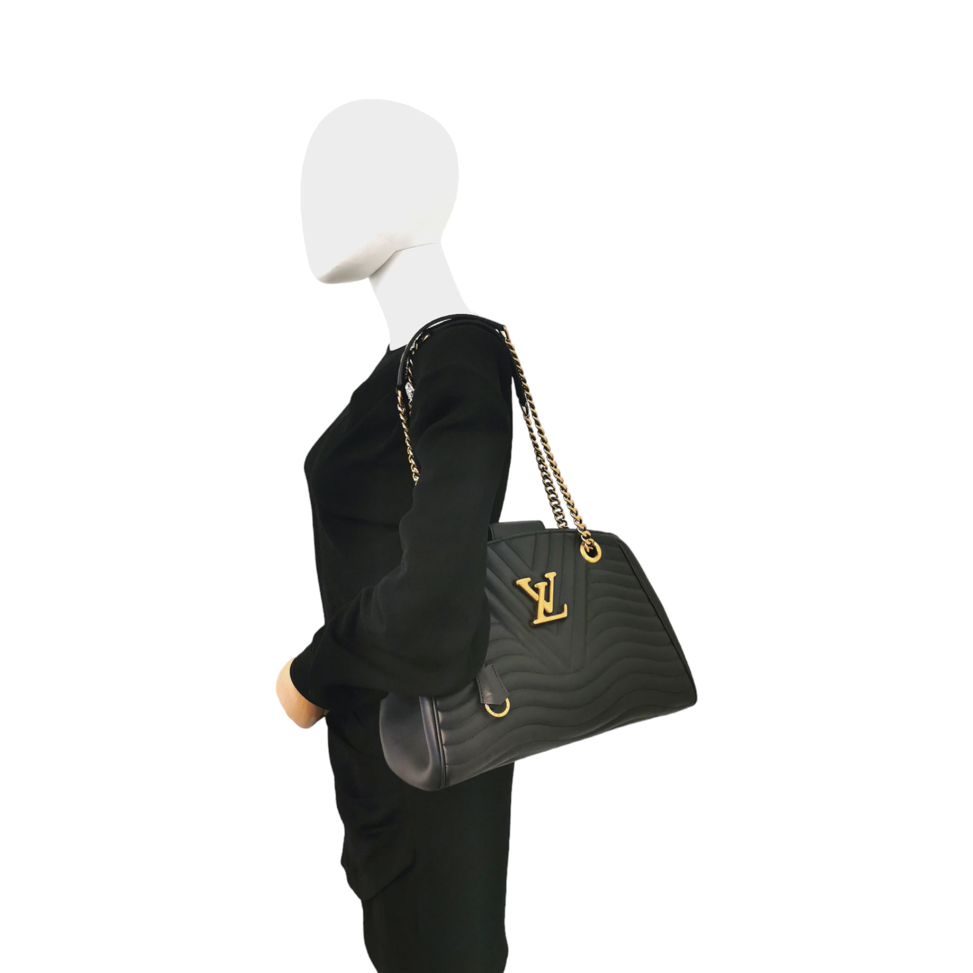Borsa Tote donna Louis Vuitton New Wave nera pelle con catena dorata