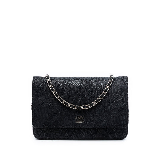 Chanel Lace Overlay Wallet On Chain Black Goatskin