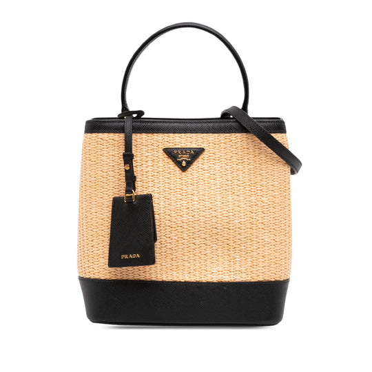 Prada Paglia Panier Medium Black Straw Saffiano Leather Trimmed