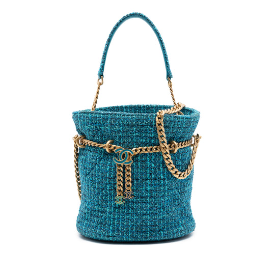 Chanel CC Top Handle Bucket Blue Tweed