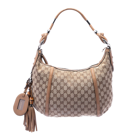 Gucci Techno Horsebit Hobo Beige Canvas Calfskin