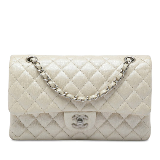 Chanel Classic Double Flap Medium White Iridescent Caviar