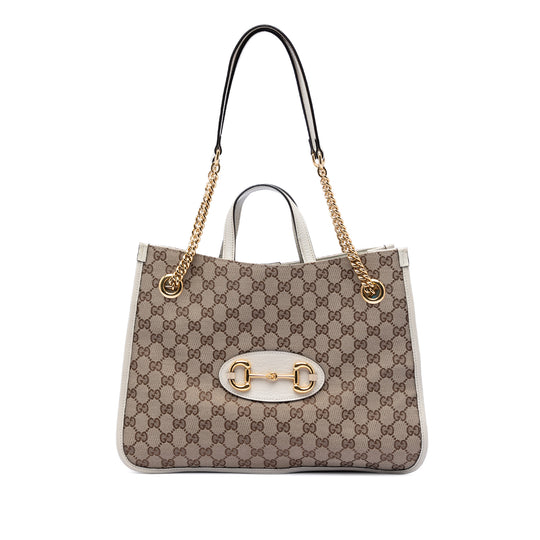 Gucci Horsebit 1955 Chain Tote Medium White GG Canvas Calfskin