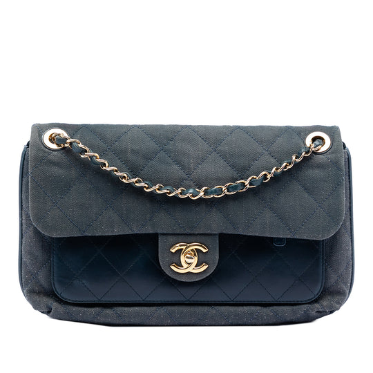Chanel Classic Front Pocket Single Flap Blue Denim Calfskin Gold