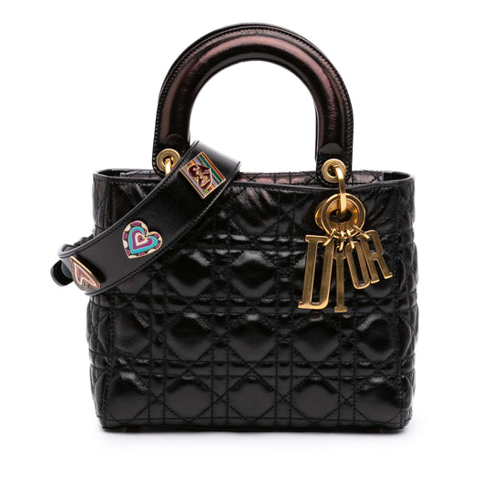 Dior Lady Dior Small Black Crinkled Patent Leather