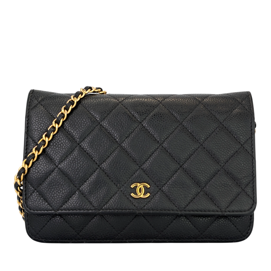 Secondhandbags AG black caviar leather Chanel WOC with gold CC logo and chain strap