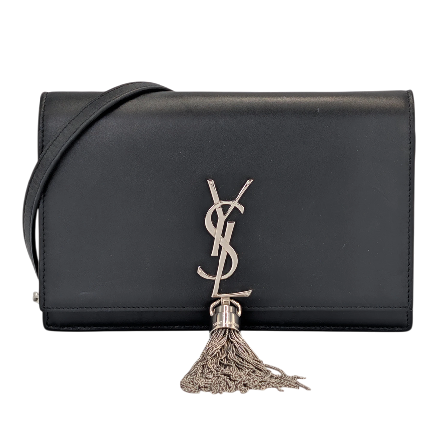 Secondhandbags AG black smooth calfskin small Kate bag with silver YSL logo and tassel detail.