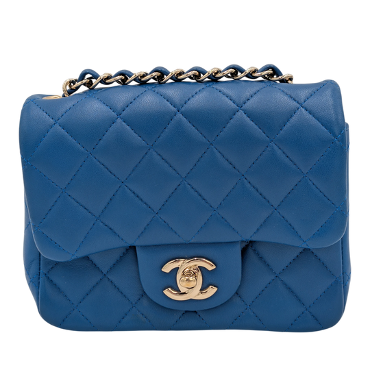 Chanel Classic Mini Square Blue Lambskin Gold