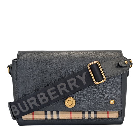 Burberry Note Checked Canvas Black Leather