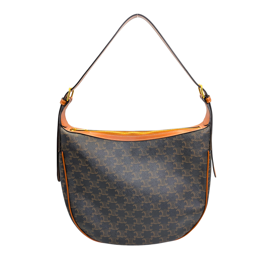 Secondhandbags AG Celine Heloise Medium Handtasche aus braunem Triomphe Canvas mit goldfarbenen Details und Lederbesatz