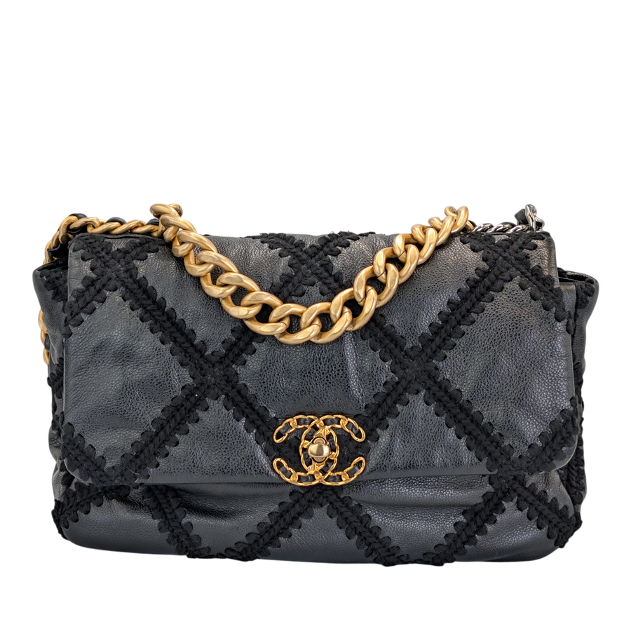 Secondhandbags AG black crochet leather Chanel 19 Large flap bag with gold chain strap and CC logo clasp.