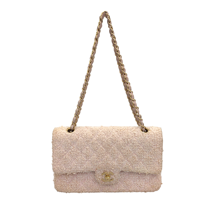 Secondhandbags AG Chanel Classic Flap Medium Tasche aus strukturiertem pinkem Tweed mit CC-Drehverschluss und Kettenriemen