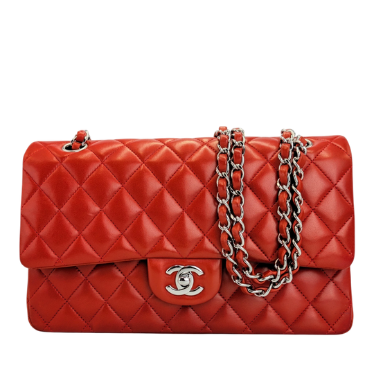 Chanel Classic Double Flap Medium Red Lambskin Silver