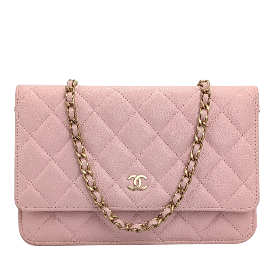 Secondhandbags AG Chanel Wallet on Chain in rosa Caviar-Leder mit Rautensteppung, CC-Logo und goldener Kette