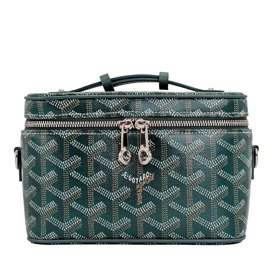 Secondhandbags AG Goyard Vanity Souple Muse Mini Tasche aus grünem Goyardine-Canvas mit Palladium-Reißverschluss