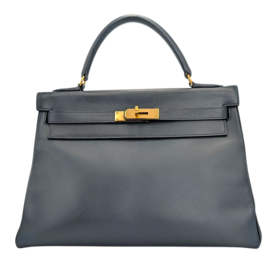 Secondhandbags AG Hermès Kelly 32 Handtasche in Blau-Grau aus Courchevel-Leder mit goldener Hardware