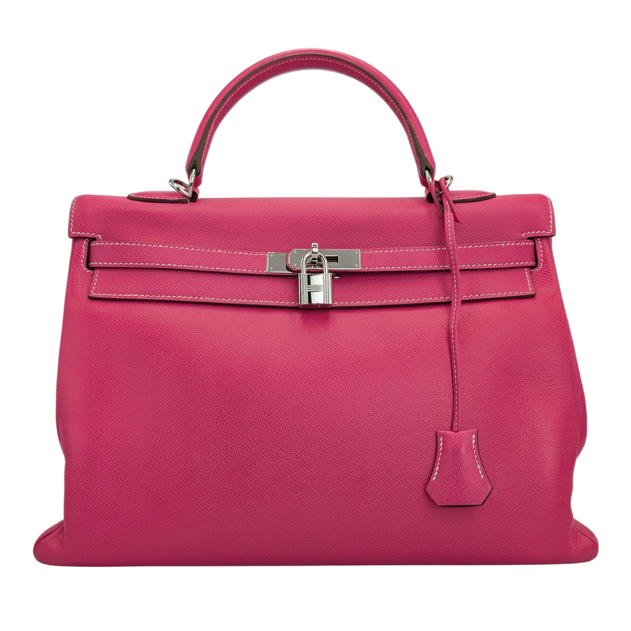 Secondhandbags AG Hermès Kelly 32 Handtasche in Pink aus Courchevel Leder mit Palladium Beschlägen