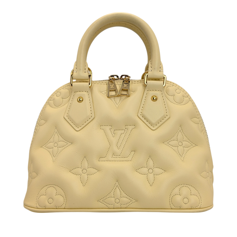 Secondhandbags AG Louis Vuitton Alma BB Handtasche aus cremefarbenem Kalbsleder mit Monogram-Prägung und Gold-Details