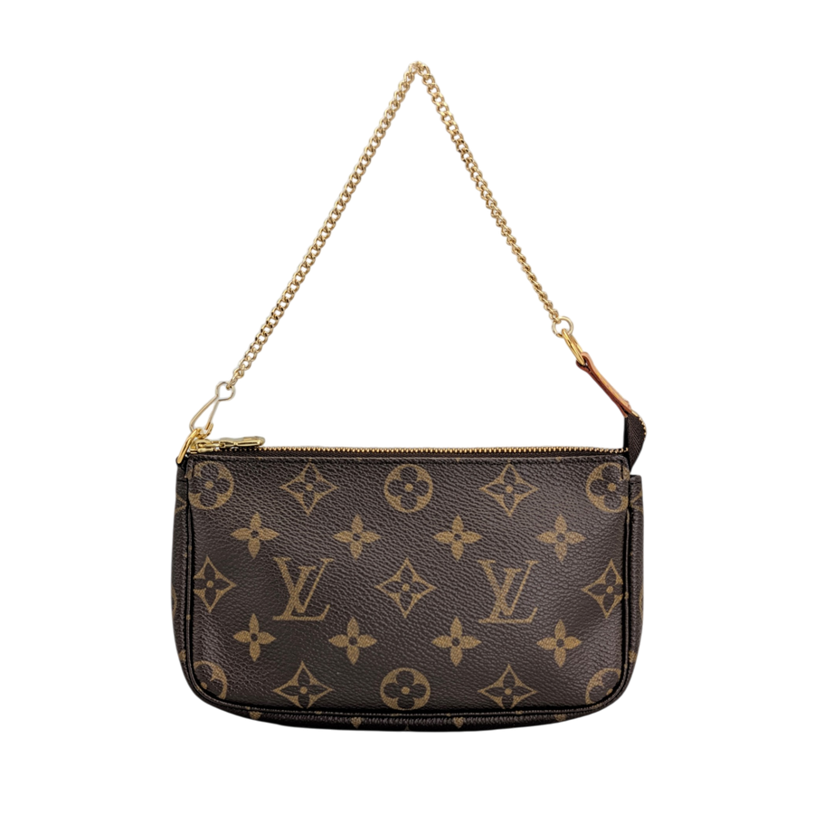 Secondhandbags AG Louis Vuitton Mini Pochette Accessoires aus braunem Monogram Canvas mit goldener Kette