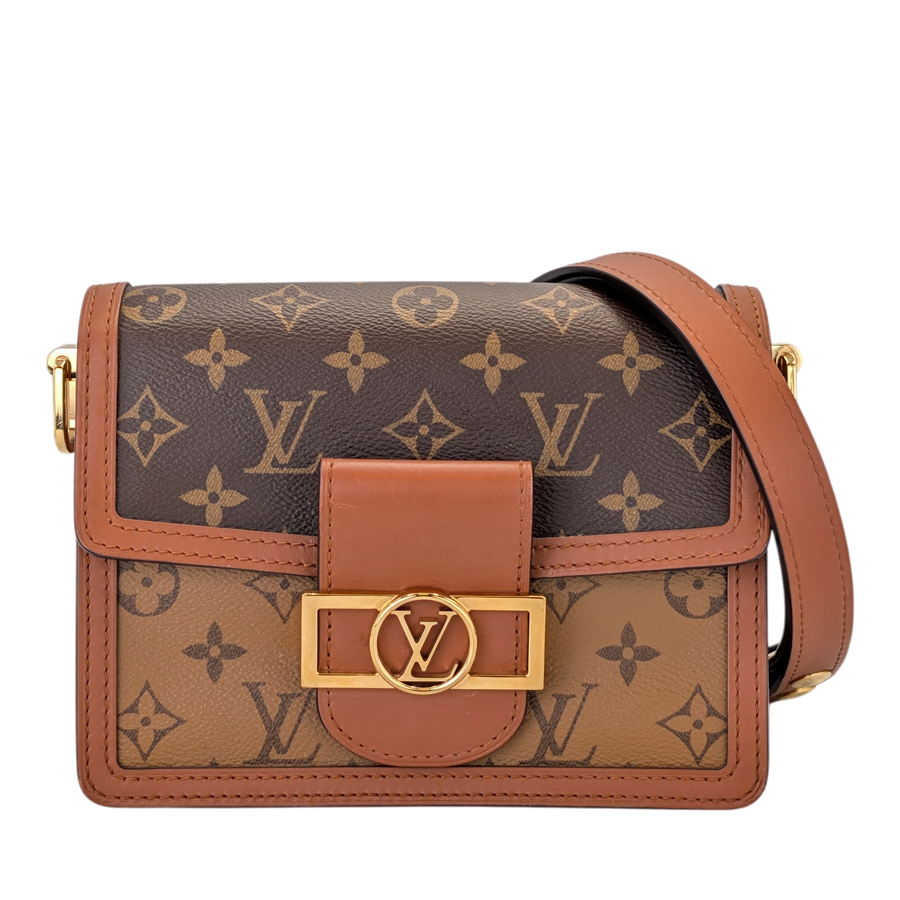 Secondhandbags AG Louis Vuitton Mini Dauphine Monogram Canvas handbag with tan leather trim and gold hardware.